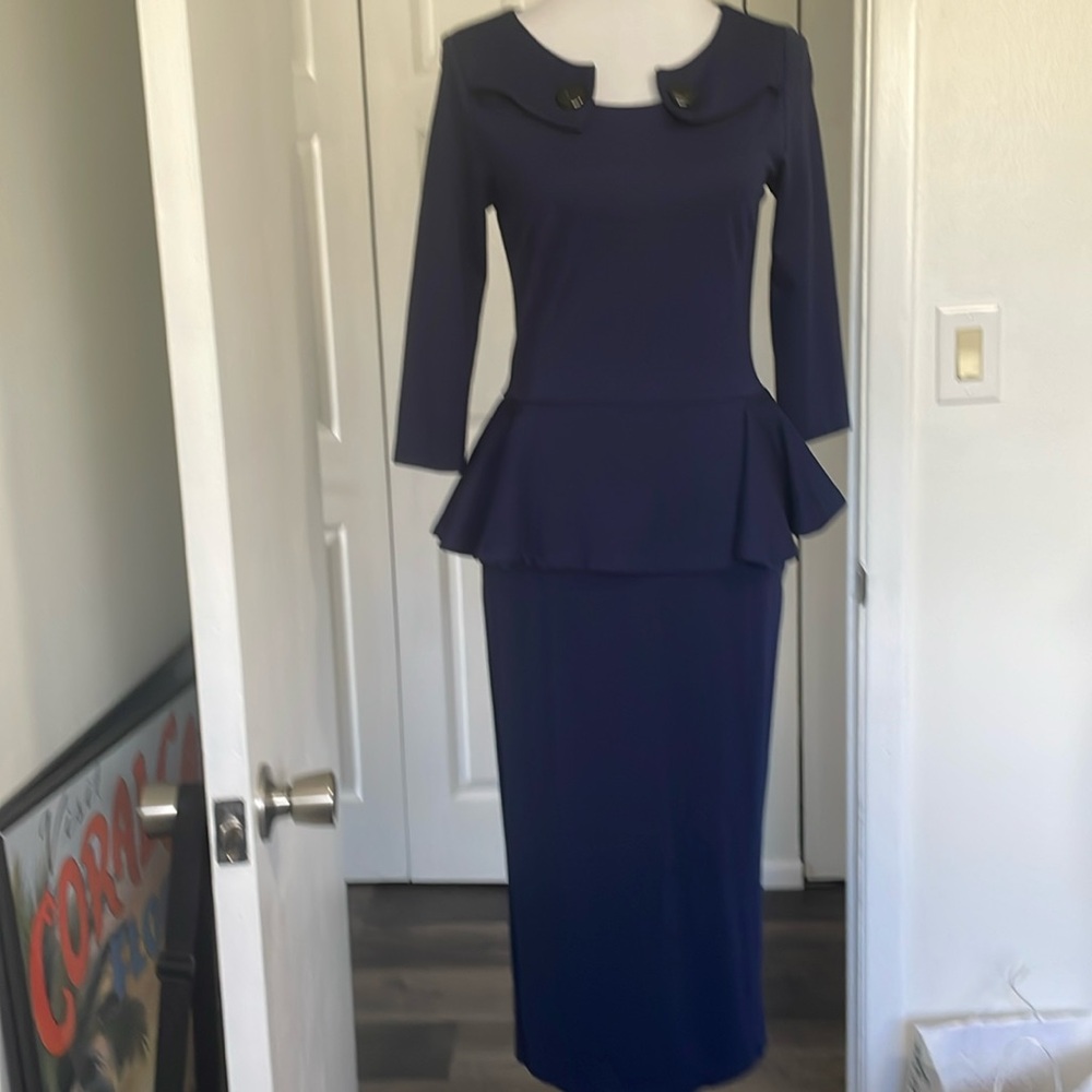 MARYCRAFTS RETRO FITTED DRESS 6 DARK BLUE SOFT RAYON MIX PEPLUM LS KICK PLEAT.